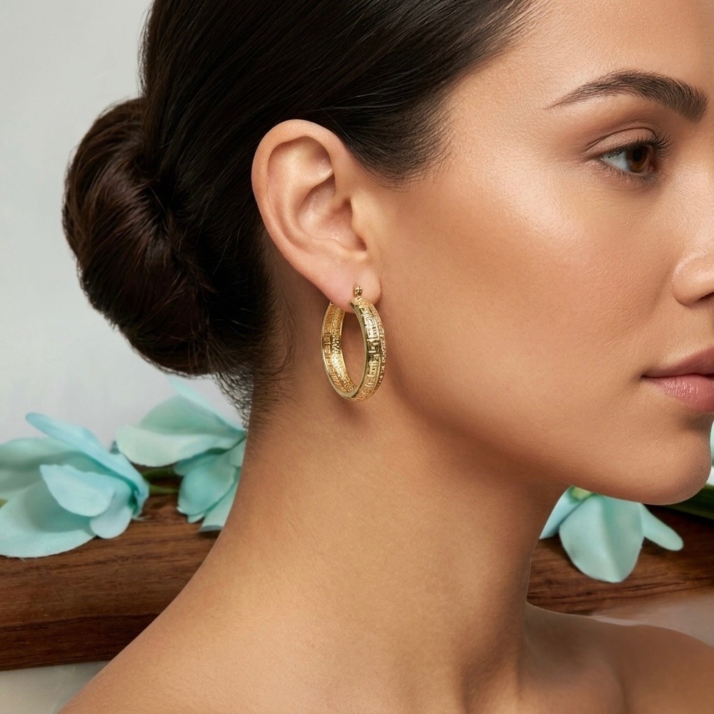 14K Gold Plated XP Hoop Earrings Greek Fretwork‎ Pattern Latch